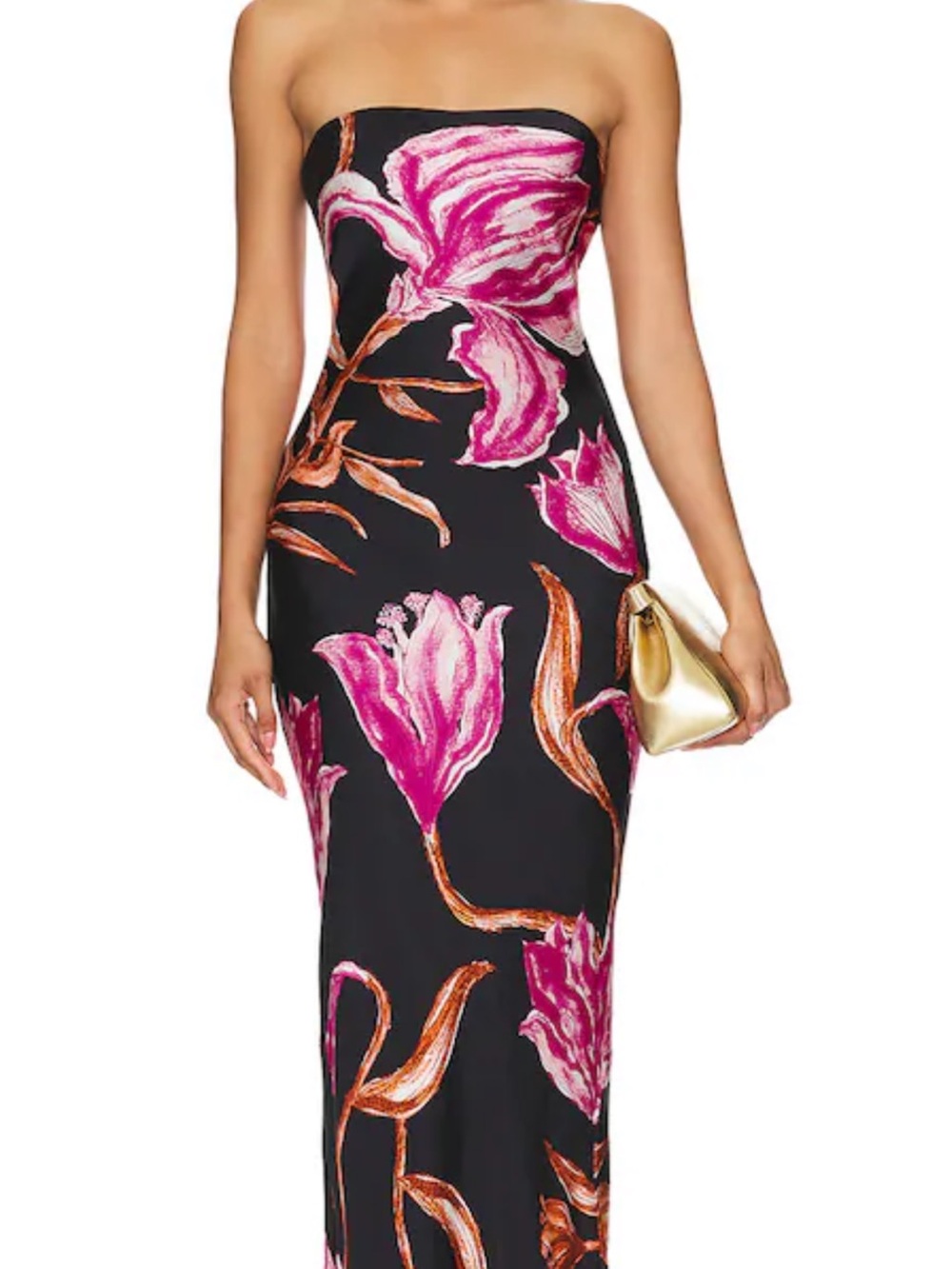 Rococo Sand Strapless Floral Maxi Dress in Black, Pink and Tan